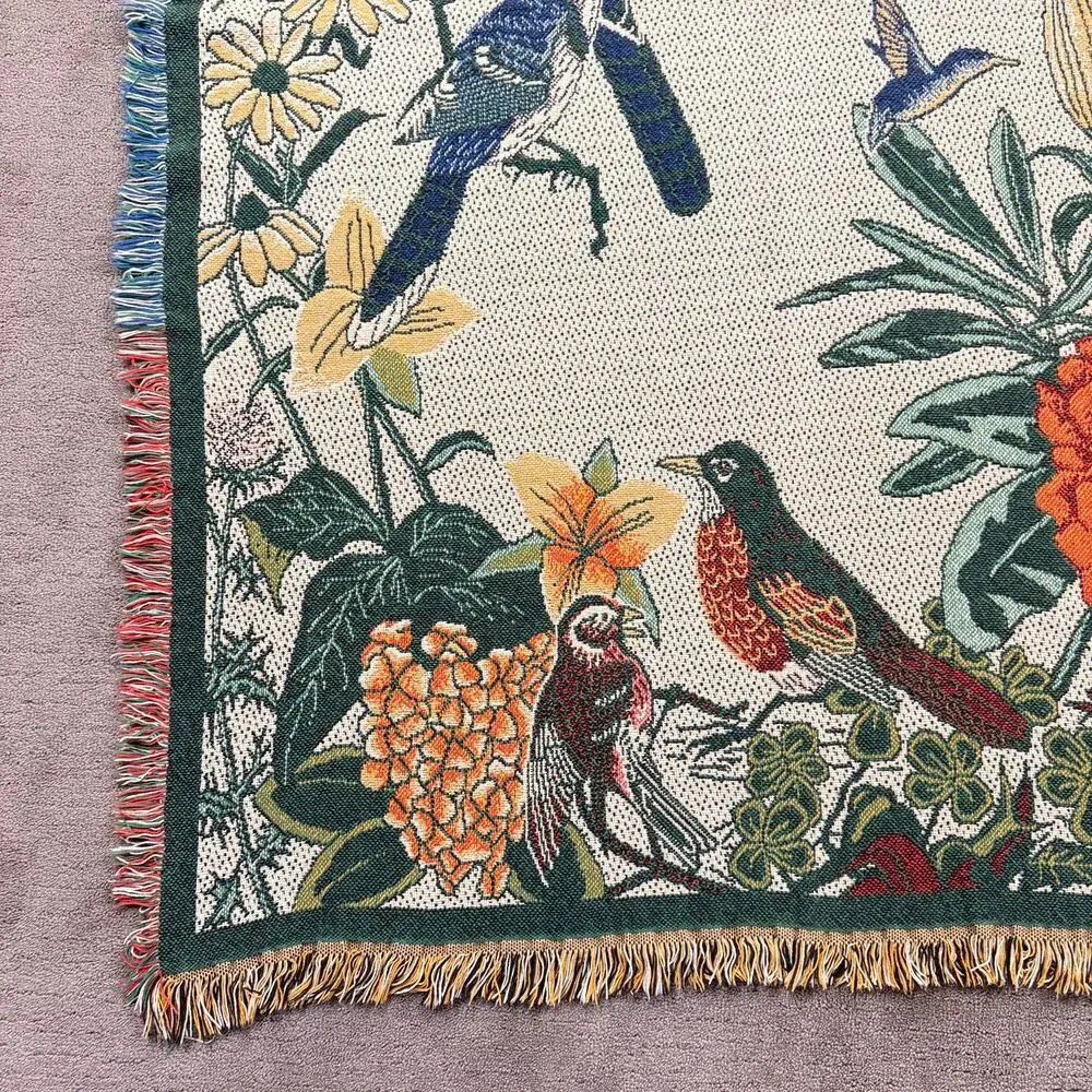 Vintage Nature Bird & Flower Woven Tapestry Throw Blanket Fringed 46